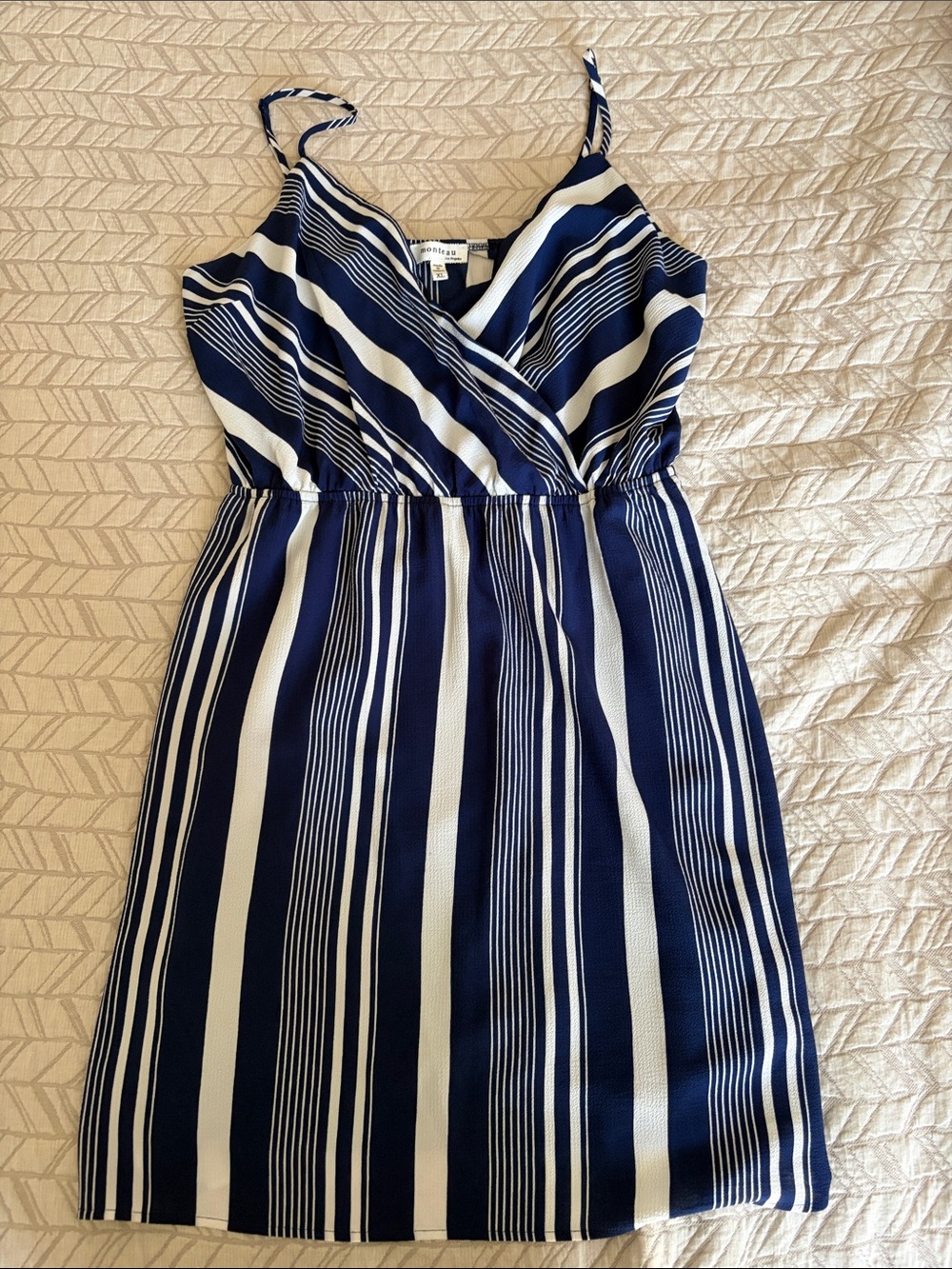 Monteau Navy and White Striped Sleeveless Faux Wrap Mini Dress- XL